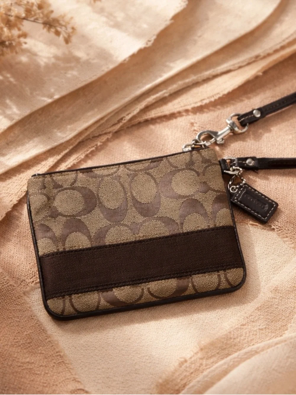 Coach Signature Canvas Brown Wristlet Coin Pouch w/ Dust Bag LIKE NEW